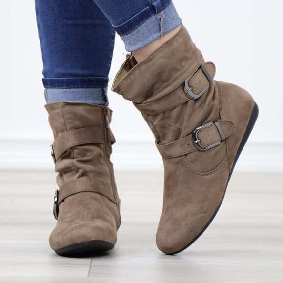 Taupe Faux Leather Slouch Ankle Boots Side Zipper Buckle Strap Flat Sole - Picture 10 of 12